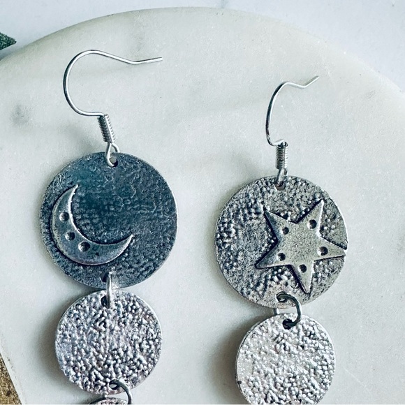 2/$30🌵 Celestial Silver Disc Star Crescent Moon Drop Earrings NEW Boho Jewelry - Picture 4 of 6